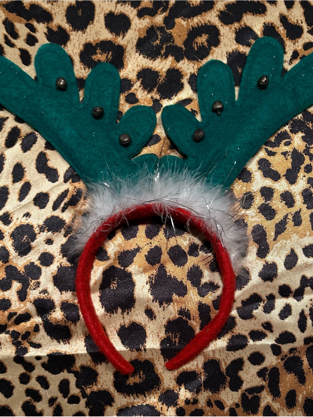 Holiday Green Felt Reindeer Antler Headband with Jingle Bells